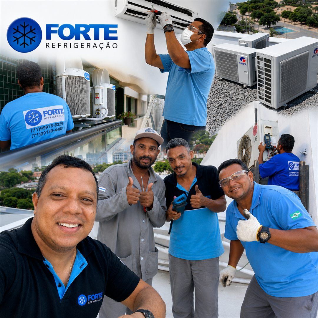 Equipe da Forte Refrigeração instalando e fazendo manutenção de ar-condicionado em Salvador